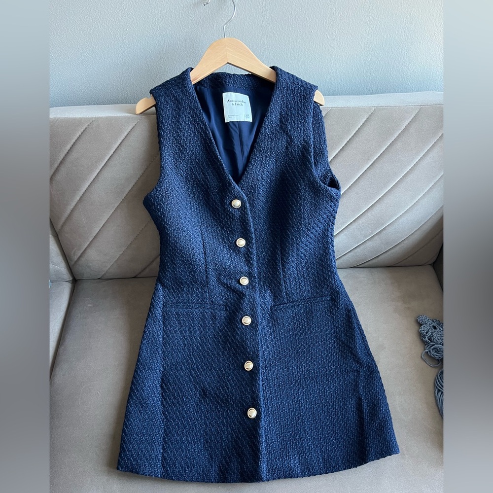 Abercrombie Mara V-neck Navy Blue Tweed Vest Dress - Picture 2 of 5